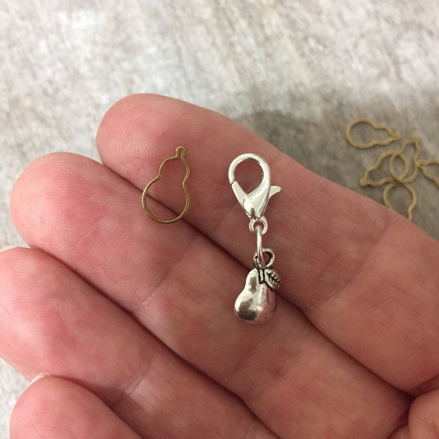 Tiny Brass Pear Stitch Markers & Pear Progress Keeper