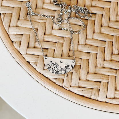Sunrise Mountain Botanical Necklace — Pewter Silver