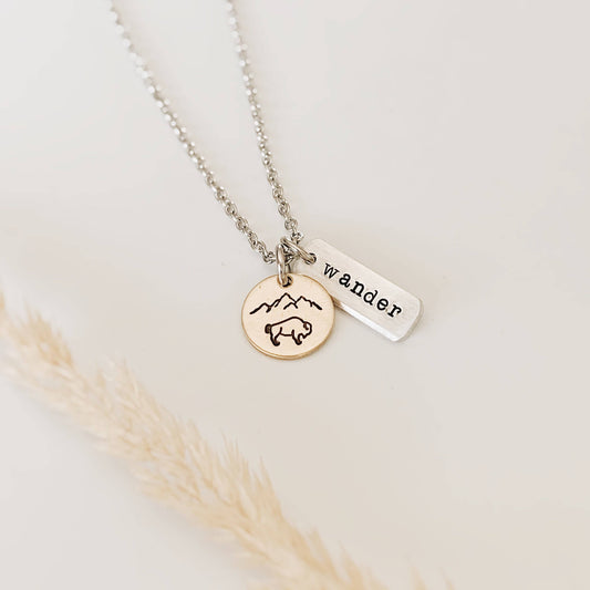 Wander Wild Necklace — Copper Bison & Mountain