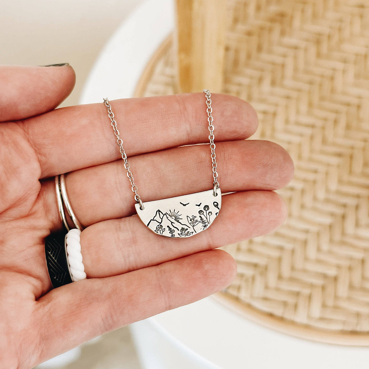 Sunrise Mountain Botanical Necklace — Pewter Silver