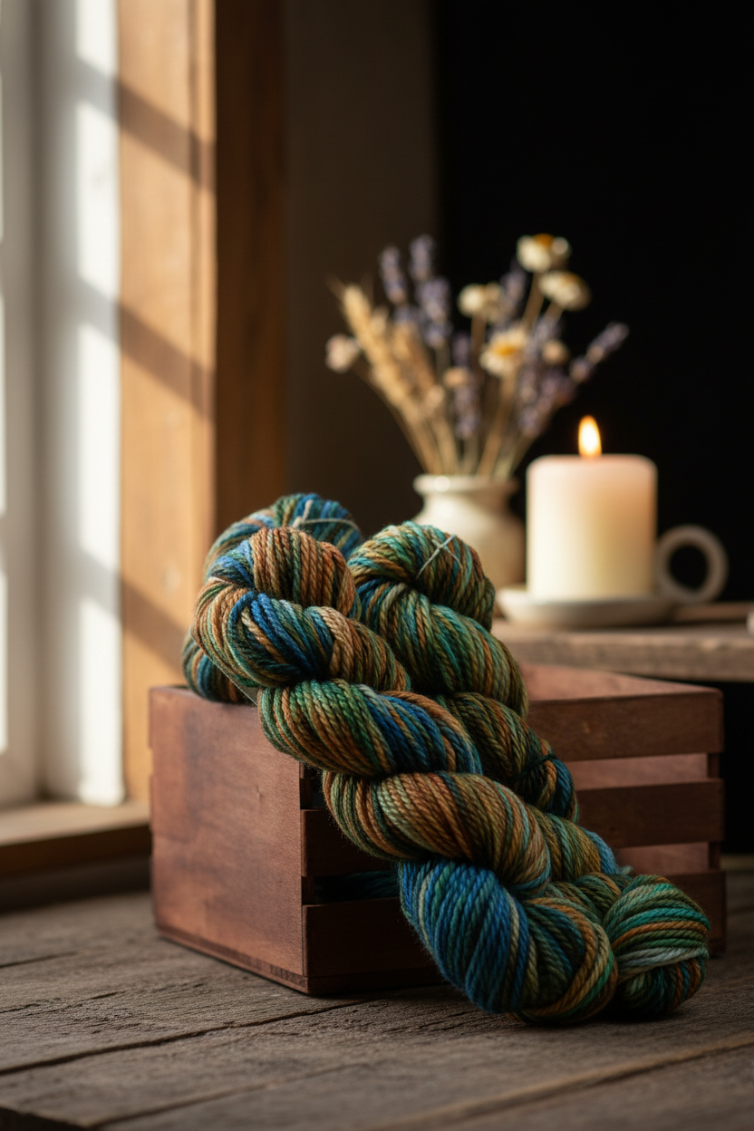 Bulky superwash merino yarn in Grand Prismatic colorway styled with candle and wildflowers